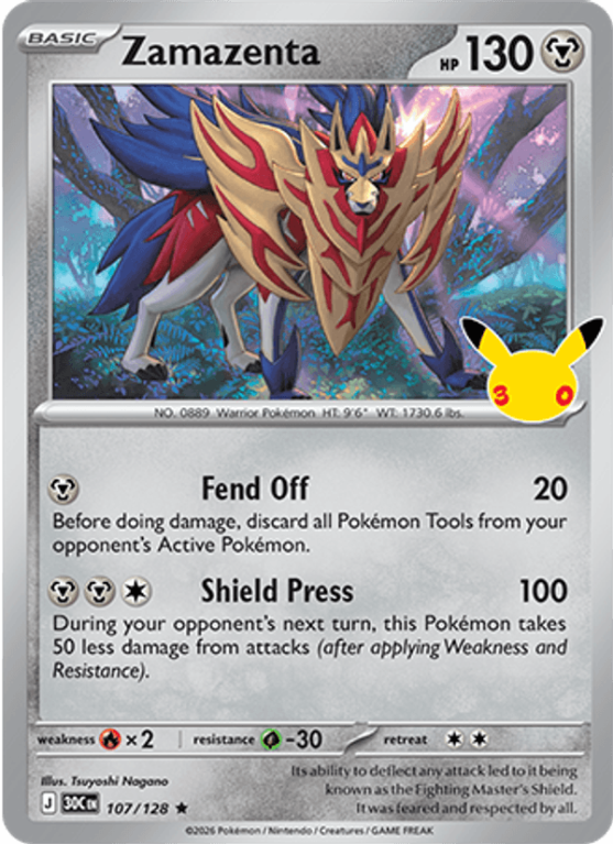 Pokémonkaart Zamazenta nummer 107/128 uit de set 30th Celebration (Mega Evolution)