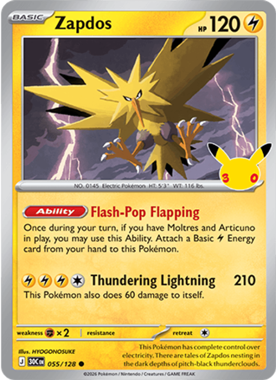 Pokémonkaart Zapdos nummer 055/128 uit de set 30th Celebration (Mega Evolution)