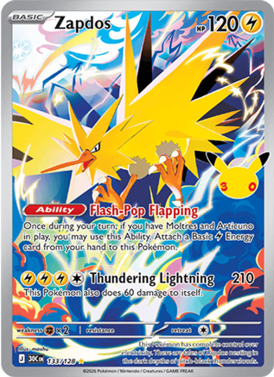 Pokémonkaart Zapdos nummer 133/128 uit de set 30th Celebration (Mega Evolution)
