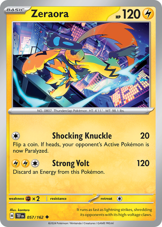 Pokémonkaart Zeraora nummer 57/162 uit de set Temporal Forces (Scarlet & Violet)