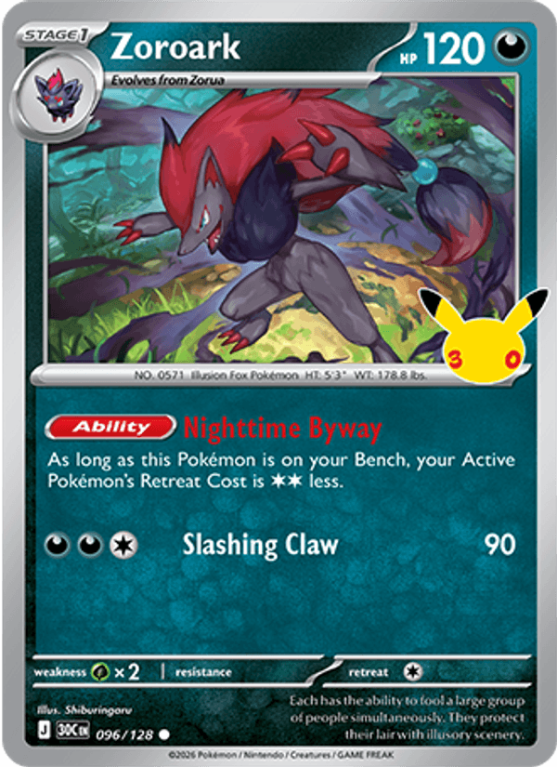 Pokémonkaart Zoroark nummer 096/128 uit de set 30th Celebration (Mega Evolution)