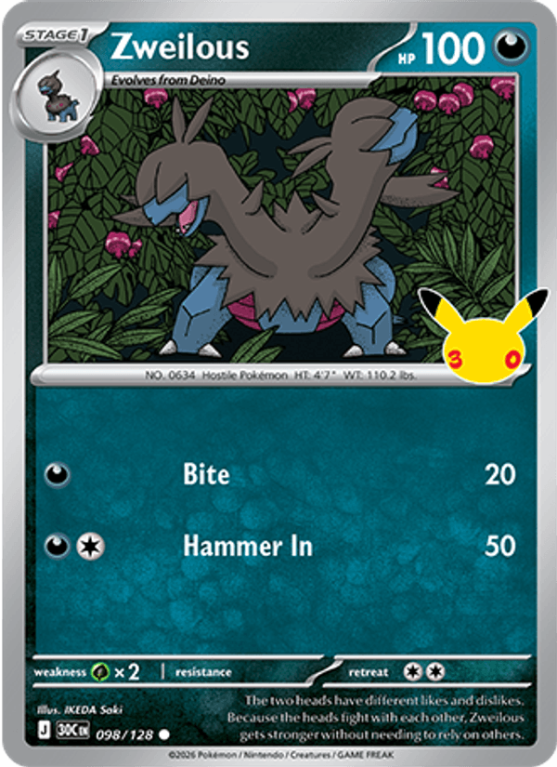 Pokémonkaart Zweilous nummer 098/128 uit de set 30th Celebration (Mega Evolution)