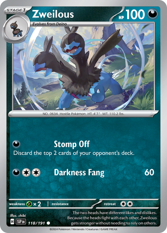 Pokémonkaart Zweilous nummer 118/191 uit de set Surging Sparks (Scarlet & Violet)