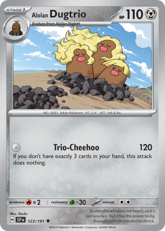 Pokémonkaart Alolan Dugtrio nummer 123/191 uit de set Surging Sparks (Scarlet & Violet)