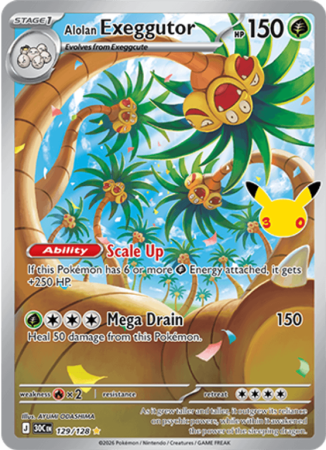 Pokémonkaart Alolan Exeggutor nummer 129/128 uit de set 30th Celebration (Mega Evolution)