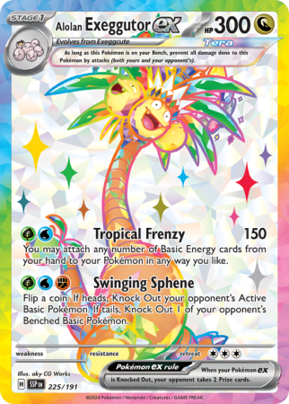 Pokémonkaart Alolan Exeggutor ex nummer 225/191 uit de set Surging Sparks (Scarlet & Violet)