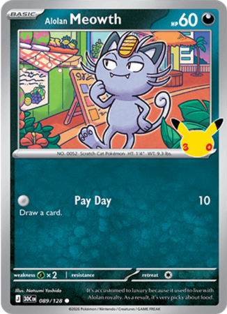 Pokémonkaart Alolan Meowth nummer 089/128 uit de set 30th Celebration (Mega Evolution)