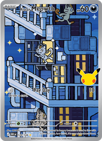 Pokémonkaart Alolan Meowth nummer 139/128 uit de set 30th Celebration (Mega Evolution)