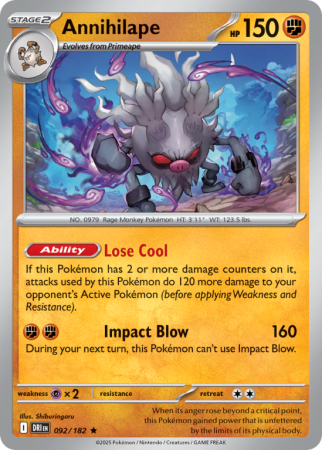 Pokémonkaart Annihilape nummer 92/182 uit de set Destined Rivals (Scarlet & Violet)