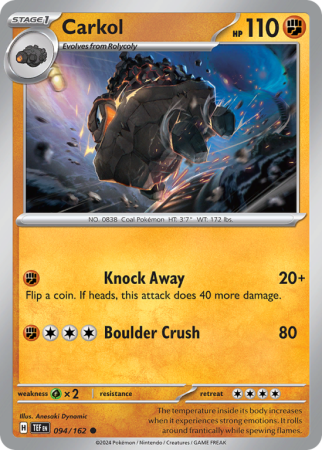 Pokémonkaart Carkol nummer 94/162 uit de set Temporal Forces (Scarlet & Violet)