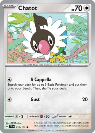 Pokémonkaart Chatot nummer 132/162 uit de set Temporal Forces (Scarlet & Violet)
