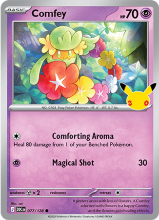 Pokémonkaart Comfey nummer 077/128 uit de set 30th Celebration (Mega Evolution)
