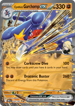 Pokémonkaart Cynthia's Garchomp ex nummer 104/182 uit de set Destined Rivals (Scarlet & Violet)