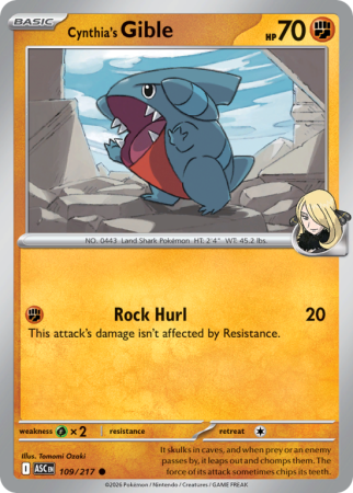 Pokémonkaart Cynthia's Gible nummer 109/217 uit de set Ascended Heroes (Mega Evolution)