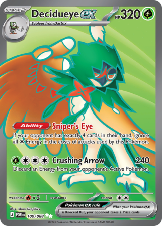Pokémonkaart Decidueye ex nummer 100/88 uit de set Perfect Order (Mega Evolution)