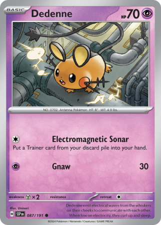 Pokémonkaart Dedenne nummer 87/191 uit de set Surging Sparks (Scarlet & Violet)