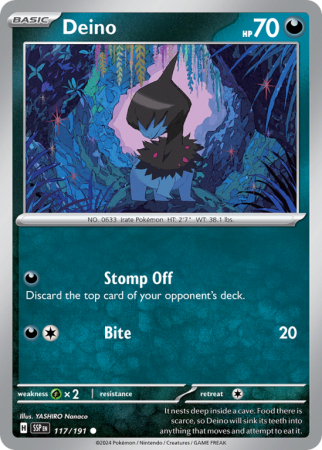 Pokémonkaart Deino nummer 117/191 uit de set Surging Sparks (Scarlet & Violet)