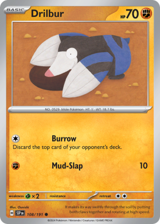 Pokémonkaart Drilbur nummer 108/191 uit de set Surging Sparks (Scarlet & Violet)