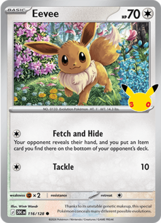 Pokémonkaart Eevee nummer 116/128 uit de set 30th Celebration (Mega Evolution)
