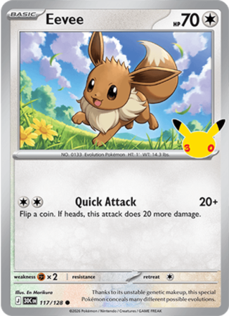 Pokémonkaart Eevee nummer 117/128 uit de set 30th Celebration (Mega Evolution)