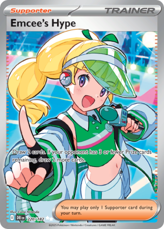 Pokémonkaart Emcee's Hype nummer 220/182 uit de set Destined Rivals (Scarlet & Violet)