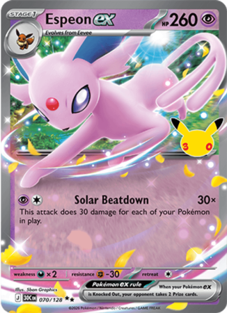 Pokémonkaart Espeon ex nummer 070/128 uit de set 30th Celebration (Mega Evolution)