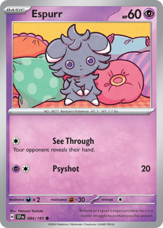 Pokémonkaart Espurr nummer 84/191 uit de set Surging Sparks (Scarlet & Violet)