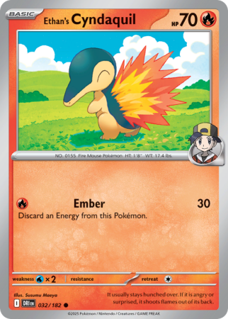 Pokémonkaart Ethan's Cyndaquil nummer 32/182 uit de set Destined Rivals (Scarlet & Violet)