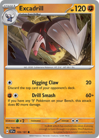 Pokémonkaart Excadrill nummer 109/191 uit de set Surging Sparks (Scarlet & Violet)