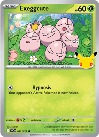 Pokémonkaart Exeggcute nummer 001/128 uit de set 30th Celebration (Mega Evolution)