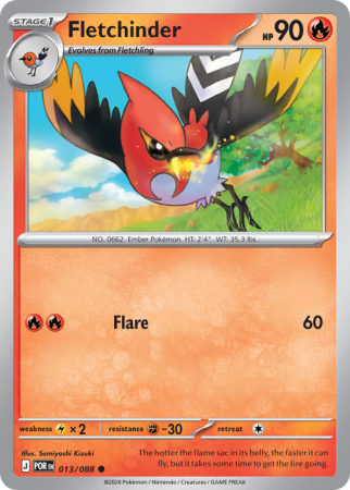 Pokémonkaart Fletchinder nummer 13/88 uit de set Perfect Order (Mega Evolution)
