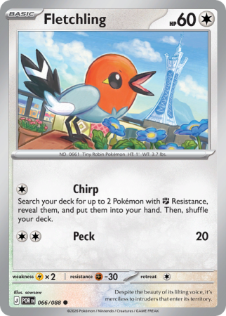 Pokémonkaart Fletchling nummer 66/88 uit de set Perfect Order (Mega Evolution)