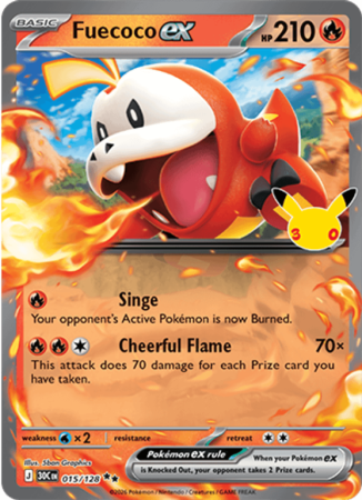 Pokémonkaart Fuecoco ex nummer 015/128 uit de set 30th Celebration (Mega Evolution)