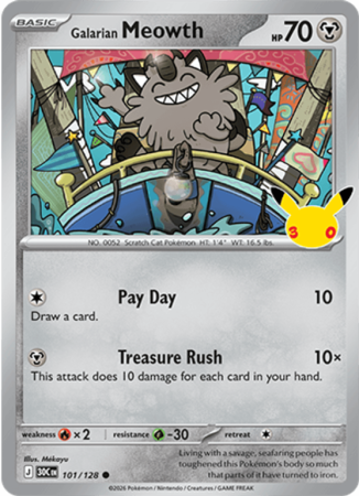 Pokémonkaart Galarian Meowth nummer 101/128 uit de set 30th Celebration (Mega Evolution)
