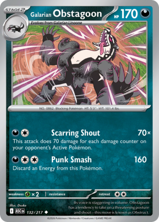 Pokémonkaart Galarian Obstagoon nummer 132/217 uit de set Ascended Heroes (Mega Evolution)