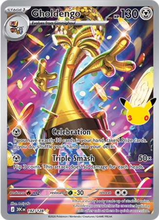 Pokémonkaart Gholdengo nummer 142/128 uit de set 30th Celebration (Mega Evolution)