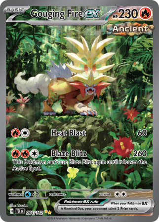 Pokémonkaart Gouging Fire ex nummer 204/162 uit de set Temporal Forces (Scarlet & Violet)