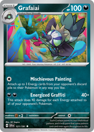 Pokémonkaart Grafaiai nummer 121/191 uit de set Surging Sparks (Scarlet & Violet)