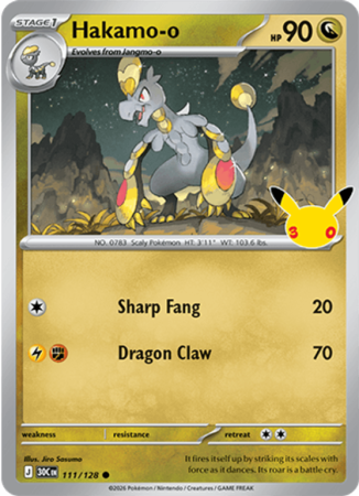 Pokémonkaart Hakamo-o nummer 111/128 uit de set 30th Celebration (Mega Evolution)