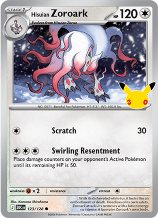 Pokémonkaart Hisuian Zoroark nummer 123/128 uit de set 30th Celebration (Mega Evolution)