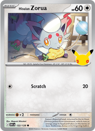 Pokémonkaart Hisuian Zorua nummer 122/128 uit de set 30th Celebration (Mega Evolution)