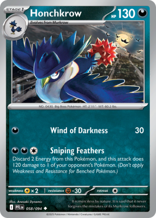 Pokémonkaart Honchkrow nummer 58/94 uit de set Phantasmal Flames (Mega Evolution)