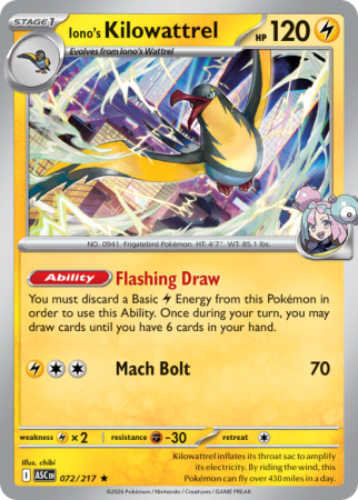 Pokémonkaart Iono's Kilowattrel nummer 72/217