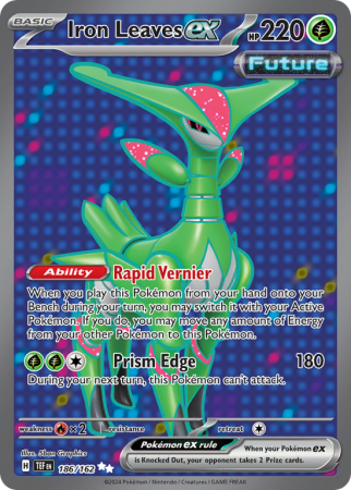 Pokémonkaart Iron Leaves ex nummer 186/162 uit de set Temporal Forces (Scarlet & Violet)