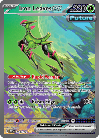 Pokémonkaart Iron Leaves ex nummer 203/162 uit de set Temporal Forces (Scarlet & Violet)