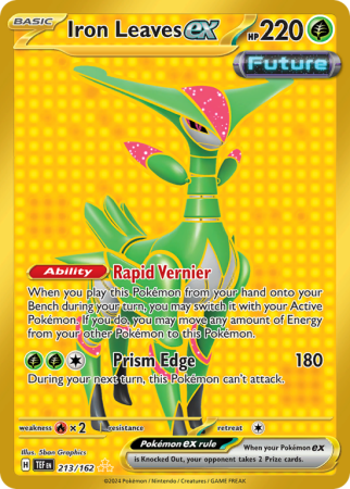Pokémonkaart Iron Leaves ex nummer 213/162 uit de set Temporal Forces (Scarlet & Violet)