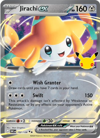 Pokémonkaart Jirachi ex nummer 102/128 uit de set 30th Celebration (Mega Evolution)