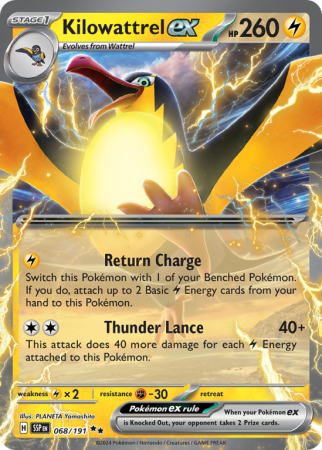 Pokémonkaart Kilowattrel ex nummer 68/191 uit de set Surging Sparks (Scarlet & Violet)