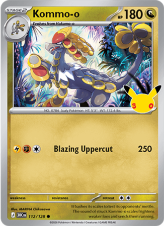 Pokémonkaart Kommo-o nummer 112/128 uit de set 30th Celebration (Mega Evolution)