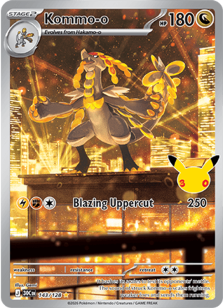 Pokémonkaart Kommo-o nummer 143/128 uit de set 30th Celebration (Mega Evolution)